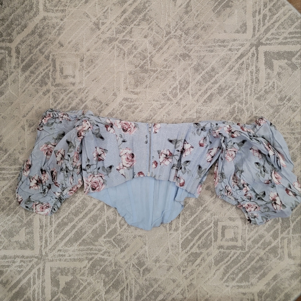 Bardot Kiah Linen Floral Corset Top With Puff Sleeves -Size 4 - Blue Rose Floral - Picture 5 of 8